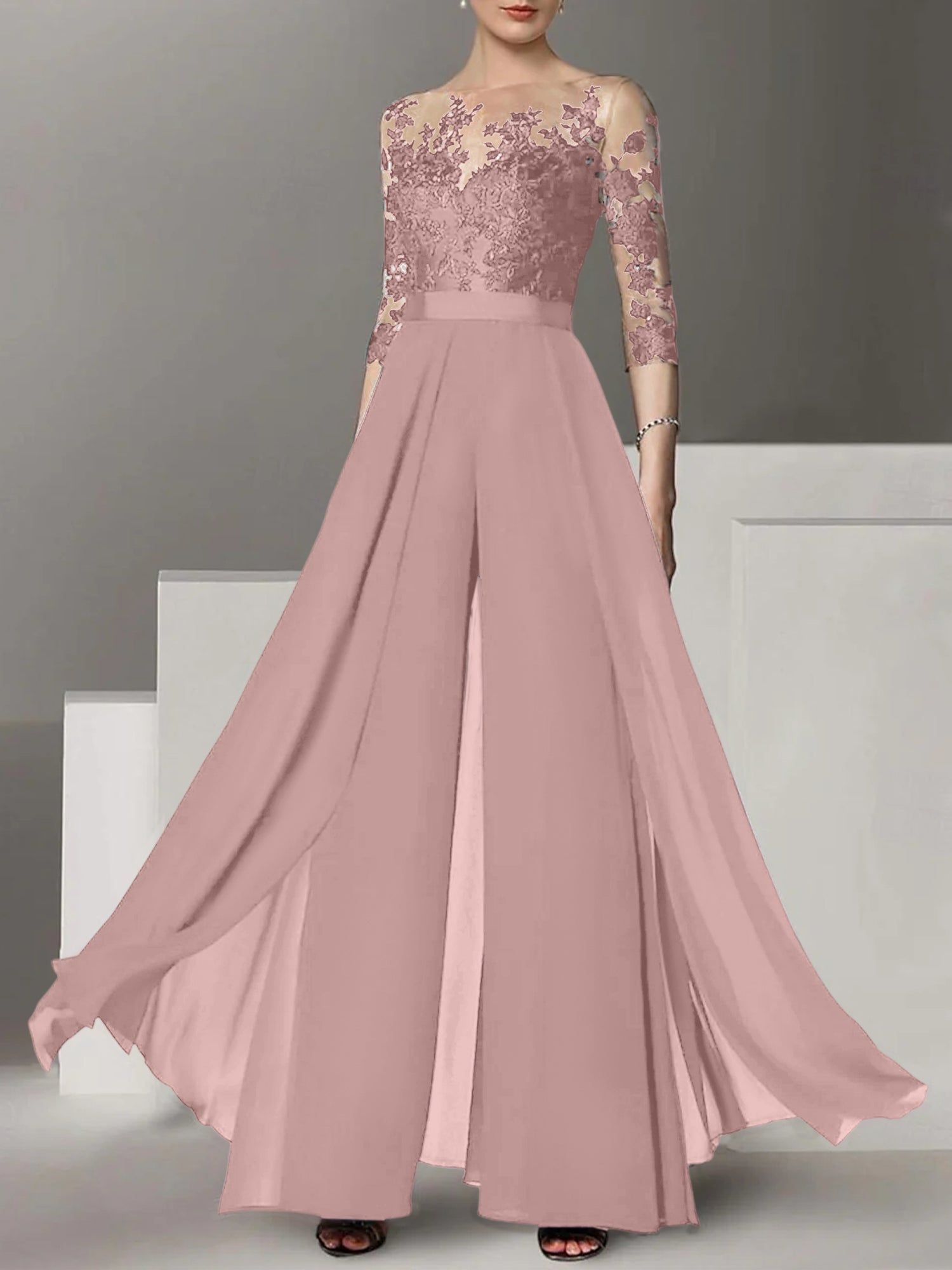 Princess Jewel Neck A-Line Floor-Length Mother of the Bride Pantsuit with Applique and 3/4 Sleeves