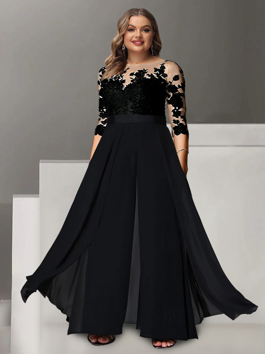 Princess Jewel Neck A-Line Floor-Length Mother of the Bride Pantsuit with Applique and 3/4 Sleeves