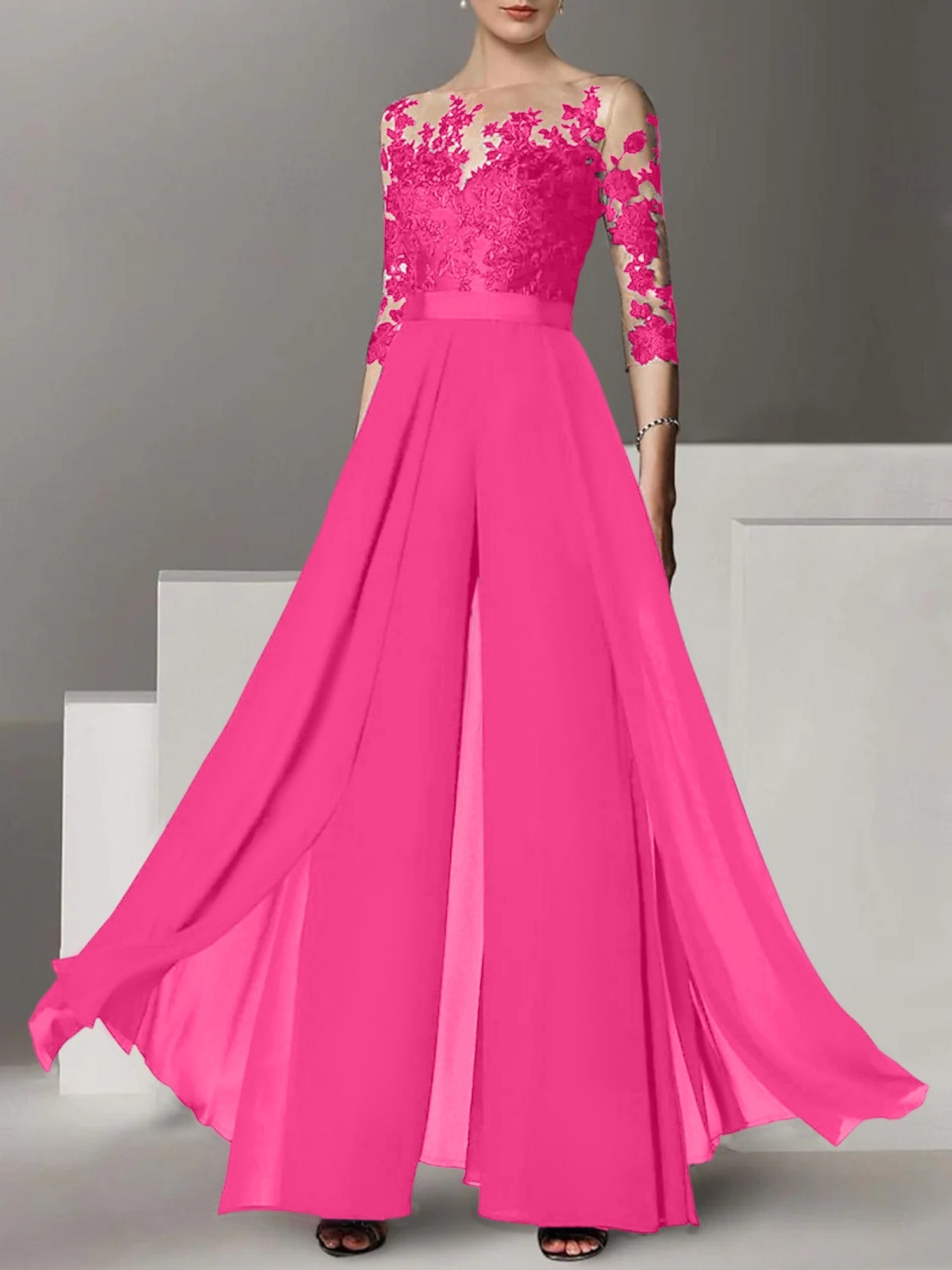 Princess Jewel Neck A-Line Floor-Length Mother of the Bride Pantsuit with Applique and 3/4 Sleeves
