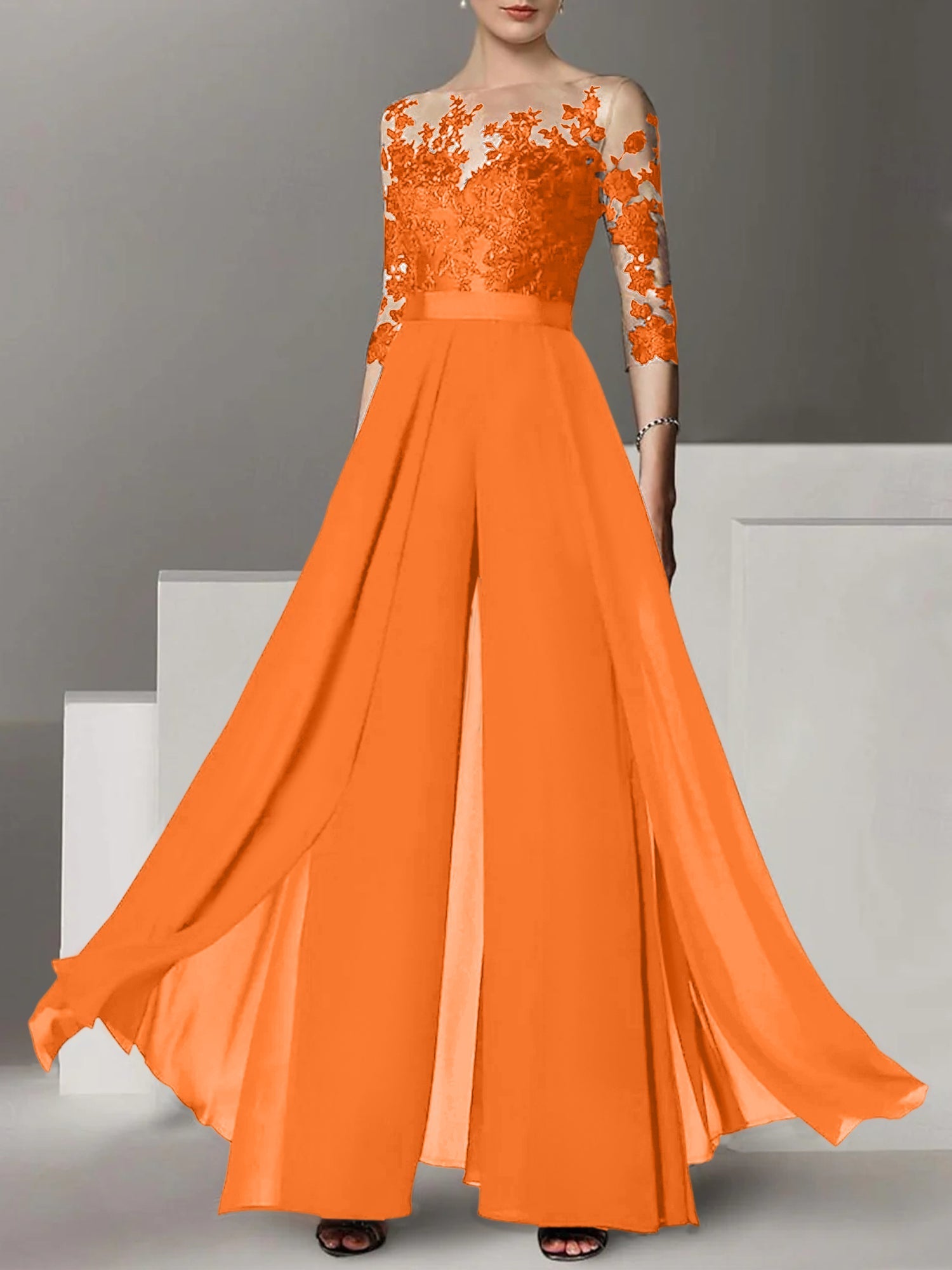 Princess Jewel Neck A-Line Floor-Length Mother of the Bride Pantsuit with Applique and 3/4 Sleeves