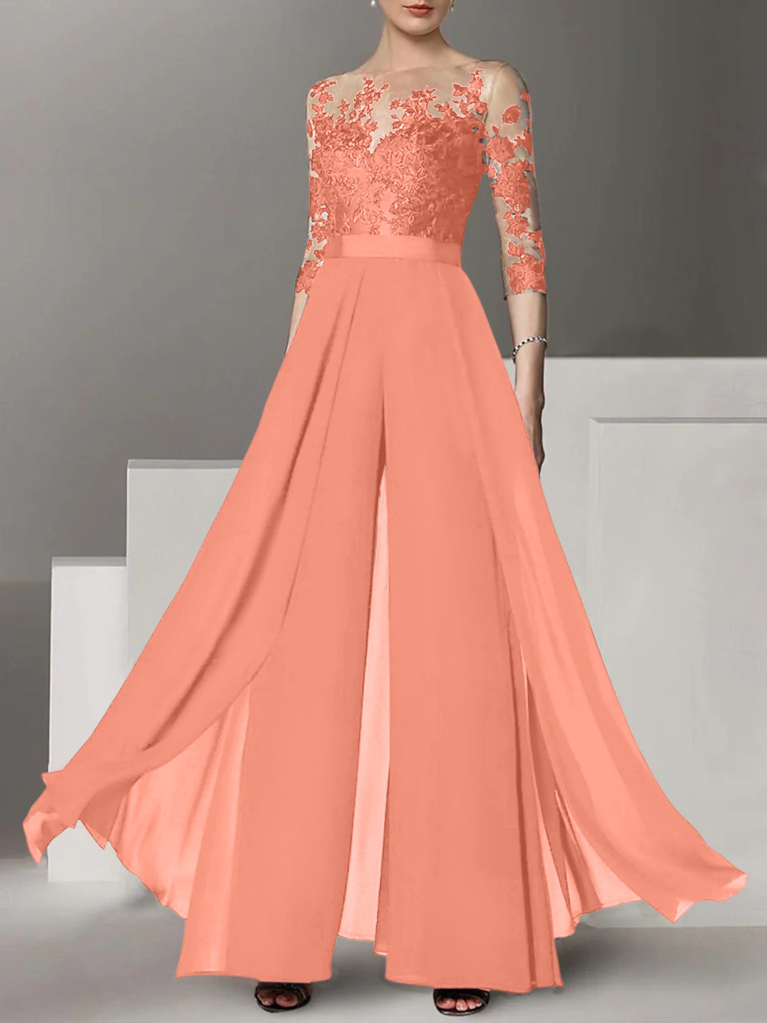 Princess Jewel Neck A-Line Floor-Length Mother of the Bride Pantsuit with Applique and 3/4 Sleeves