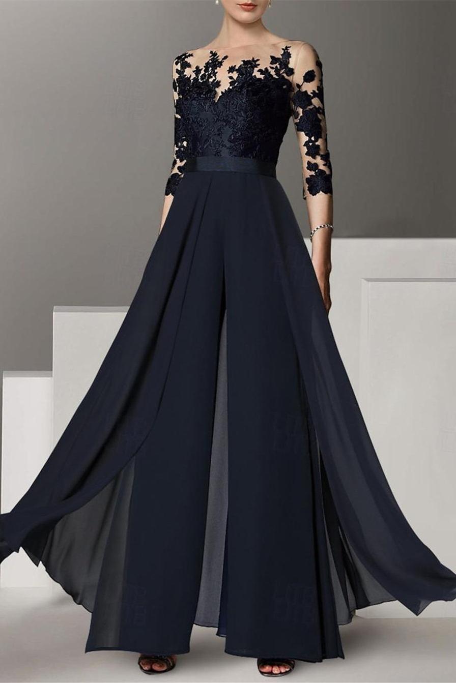 Princess Jewel Neck A-Line Floor-Length Mother of the Bride Pantsuit with Applique and 3/4 Sleeves