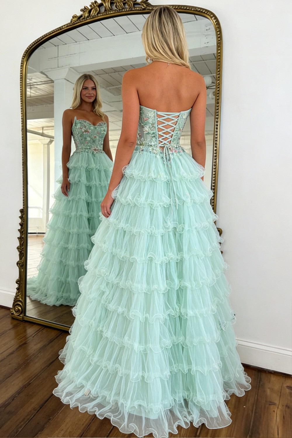 Princess Mint Green Tiered Tulle Prom Dress With Floral Embroidered Corset Formal Evening Gown