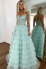 Princess Mint Green Tiered Tulle Prom Dress With Floral Embroidered Corset Formal Evening Gown
