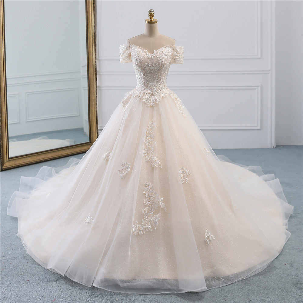 Princess Off the Shoulder Tulle Wedding Dress with Lace Appliques