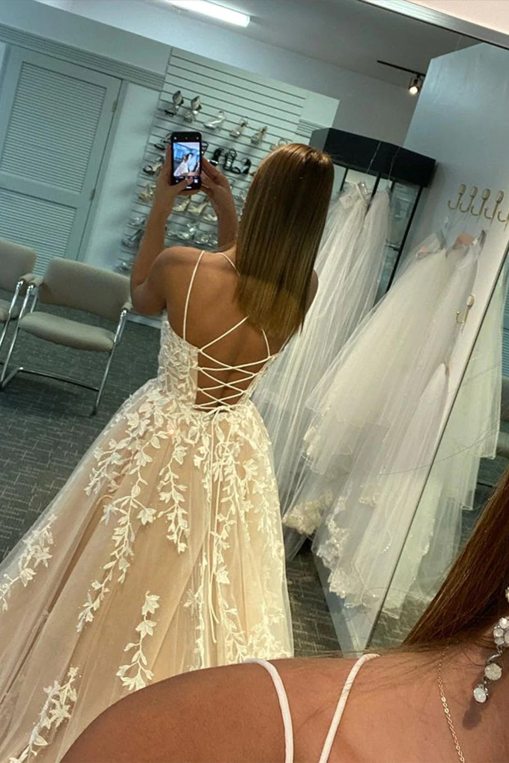 Princess Prom Dress Champagne Spaghetti Straps Evening Dress