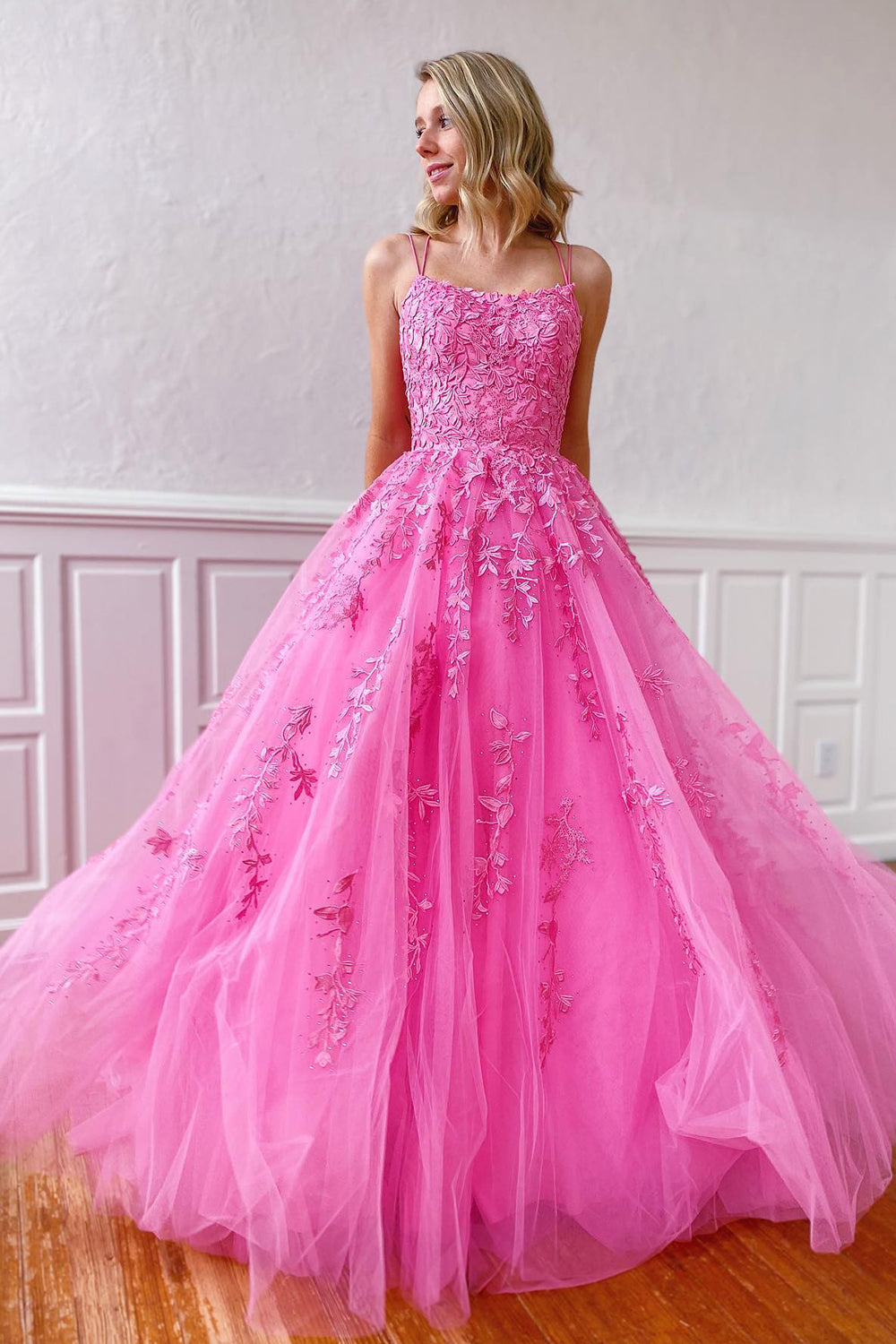 Princess Prom Dress Champagne Spaghetti Straps Evening Dress