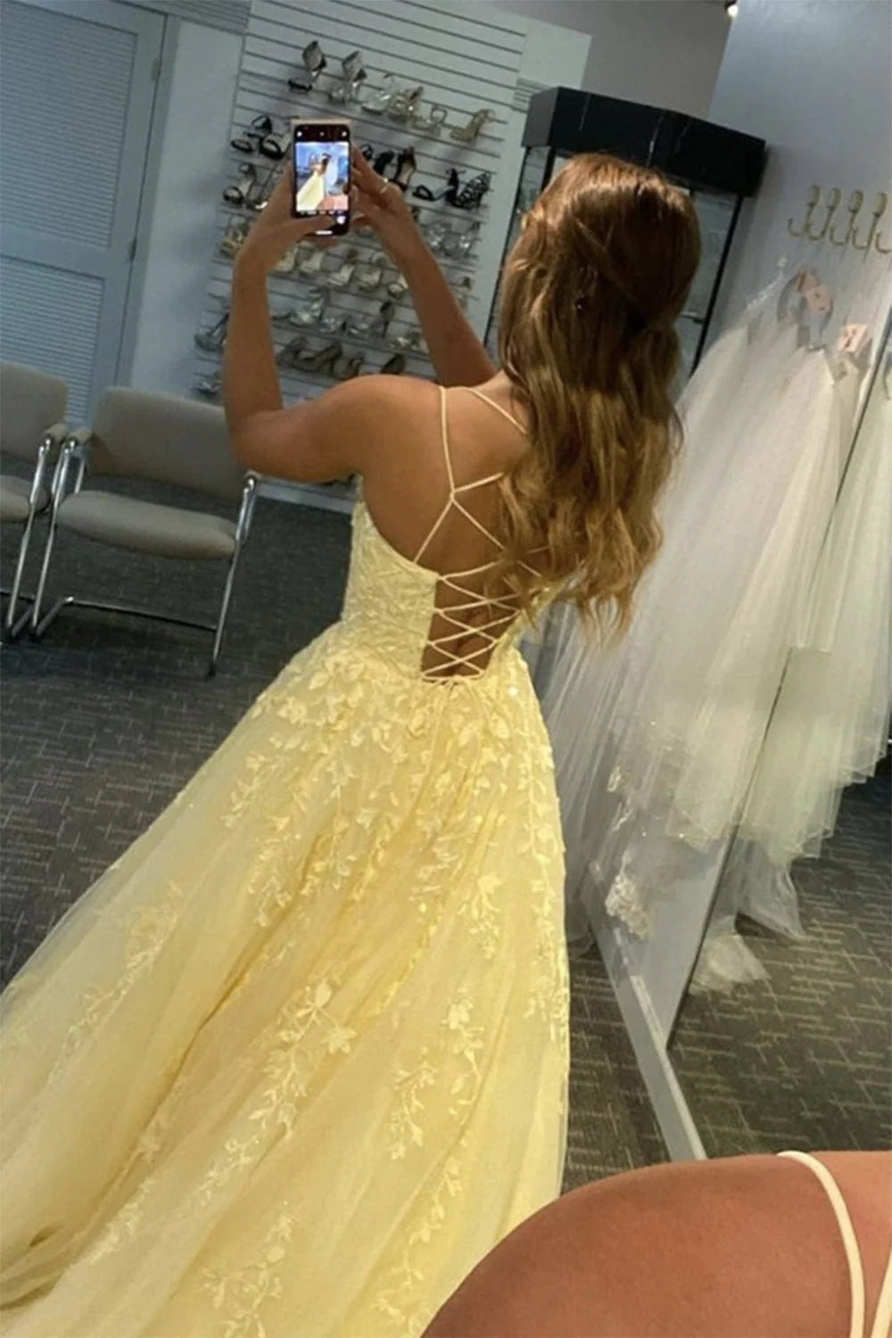 Princess Prom Dress Champagne Spaghetti Straps Evening Dress