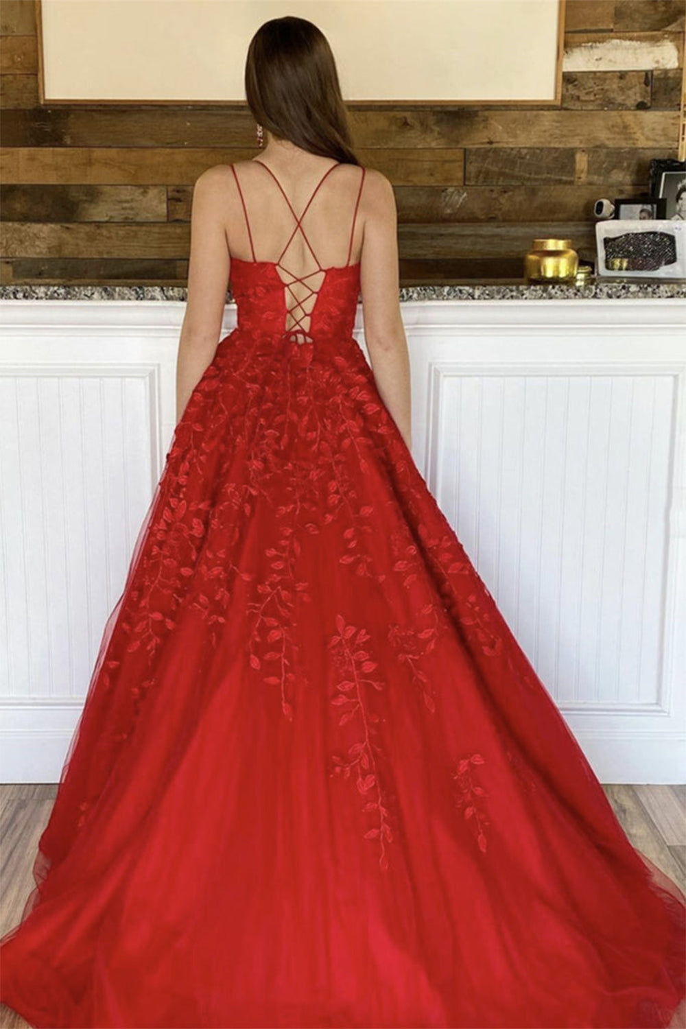 Princess Prom Dress Champagne Spaghetti Straps Evening Dress