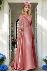 Princess V-Neck A-Line Floor-Length Mother of the Bride Dress with 3/4 Sleeves Pleats & Ruching
