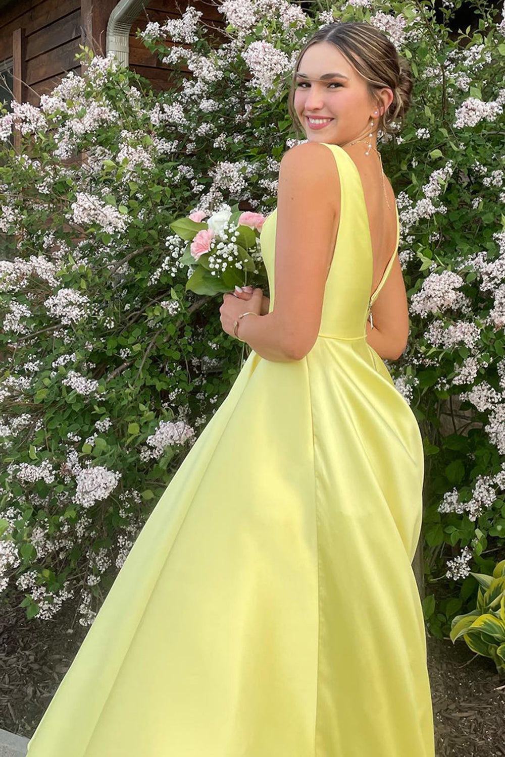 Princess Yellow Prom Dress Satin A Line Long Formal Dress