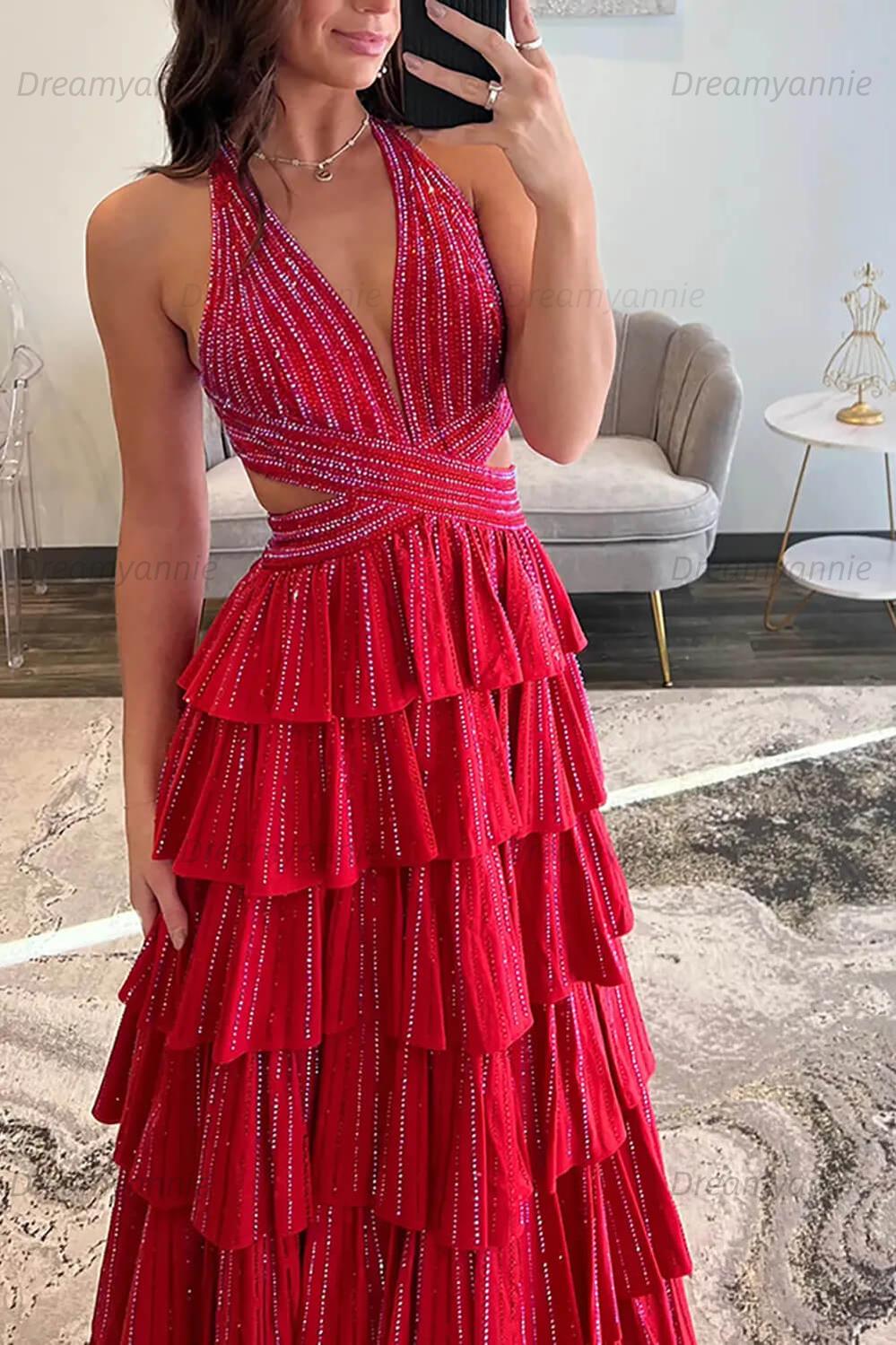 Dreamyannie Emerald Green Prom Dress Tiered A-Line Halter Long Formal Dress With Slit