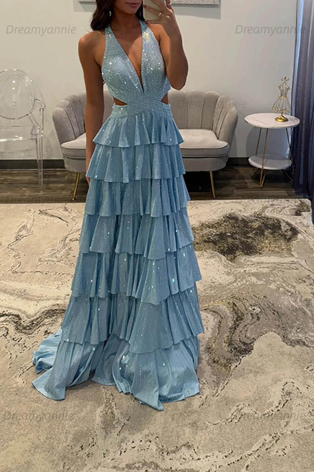 Dreamyannie Emerald Green Prom Dress Tiered A-Line Halter Long Formal Dress With Slit