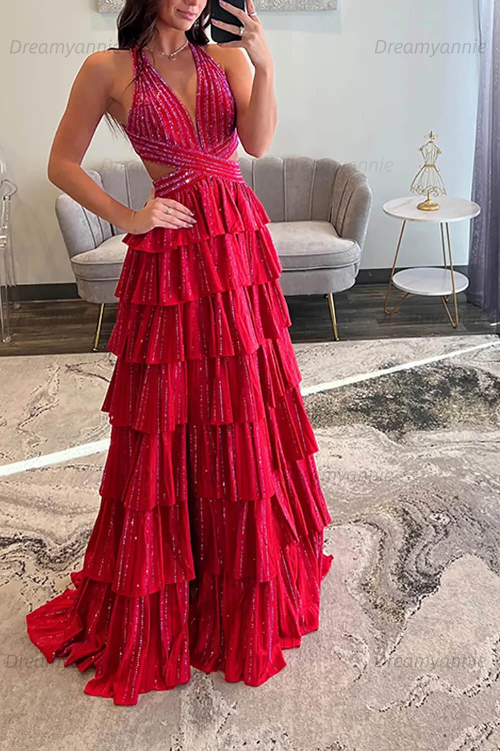 Dreamyannie A-Line Black Prom Dress Tiered Halter Long Formal Dress With Slit