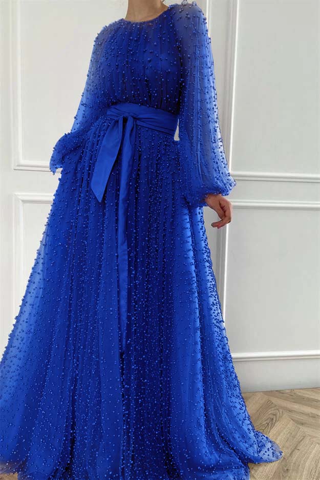 Purple A Line Prom Dress Long Sleeve Beaded Evening Dress