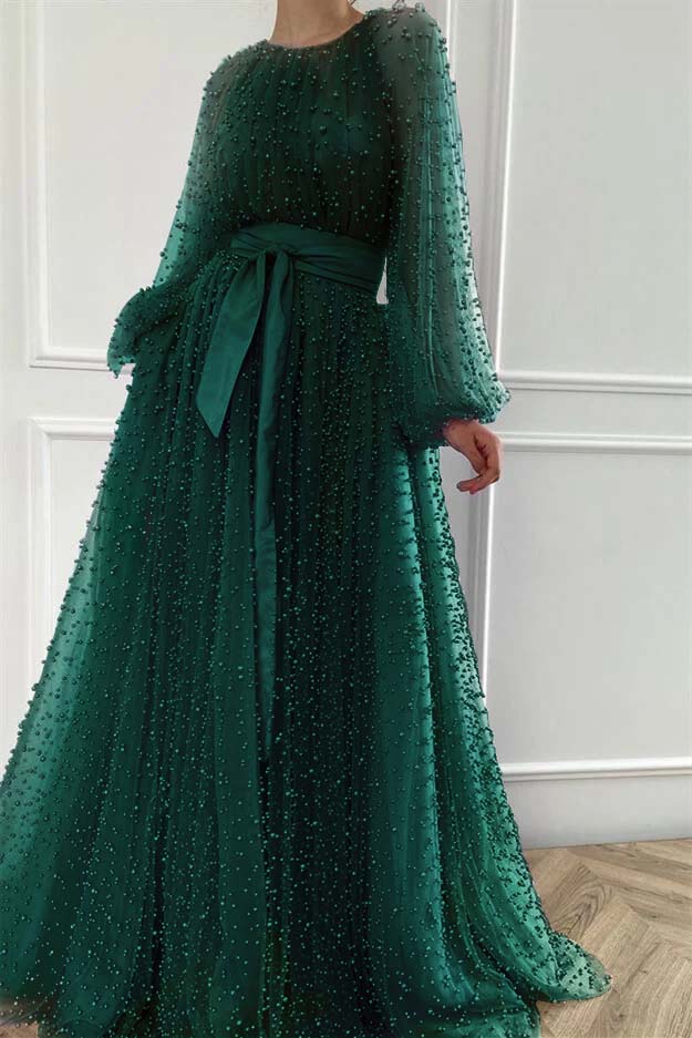 Purple A Line Prom Dress Long Sleeve Beaded Evening Dress
