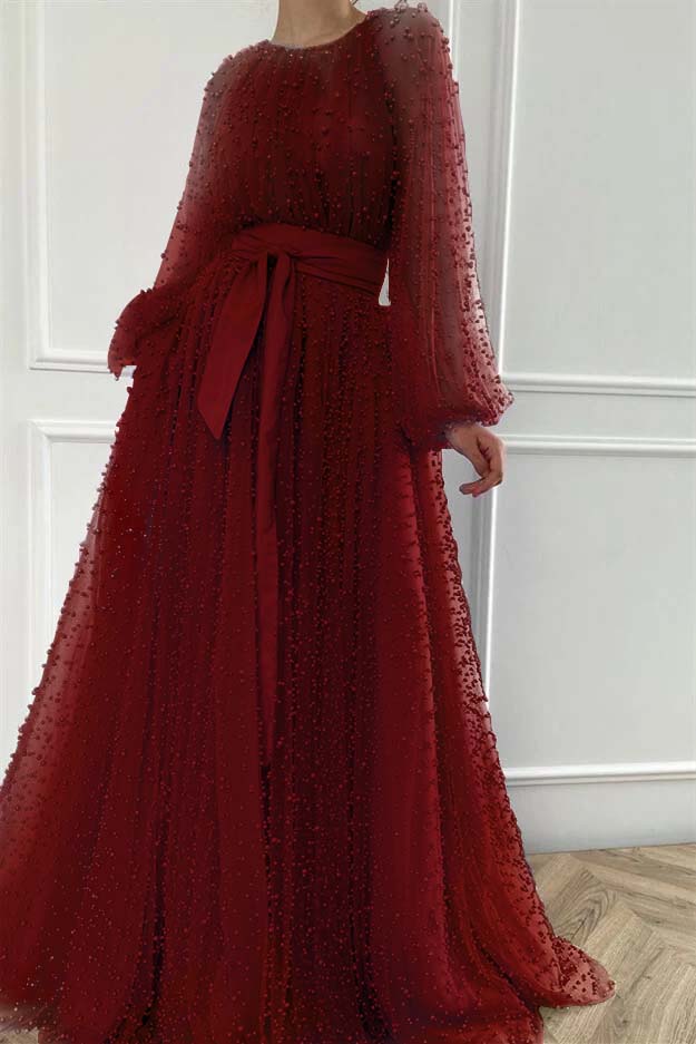 Purple A Line Prom Dress Long Sleeve Beaded Evening Dress