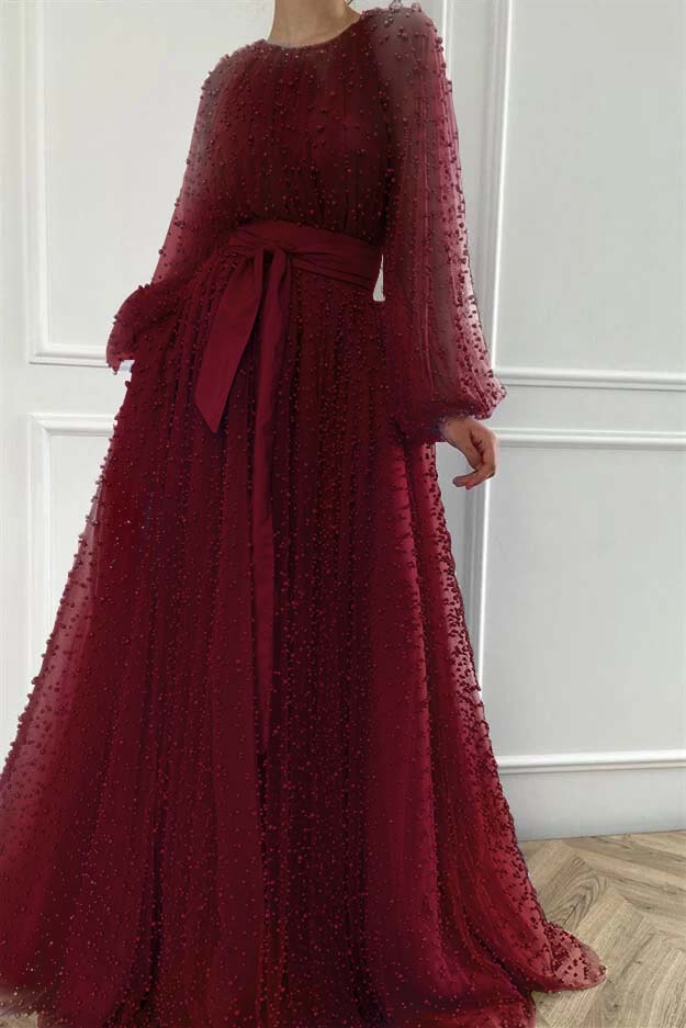 Purple A Line Prom Dress Long Sleeve Beaded Evening Dress
