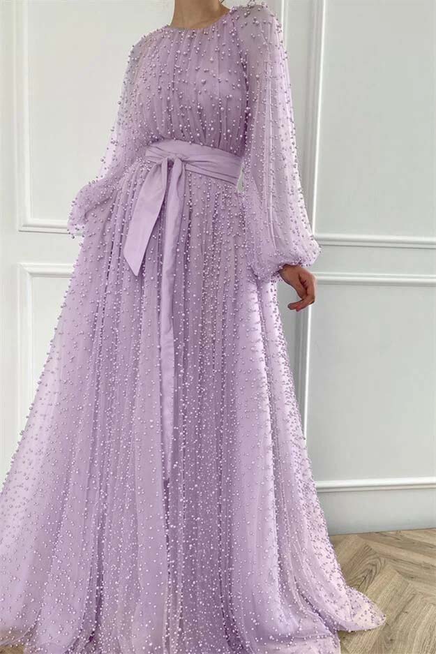 Purple A Line Prom Dress Long Sleeve Beaded Evening Dress