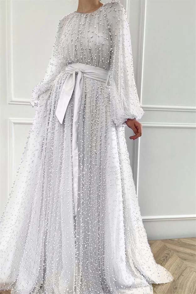 Purple A Line Prom Dress Long Sleeve Beaded Evening Dress