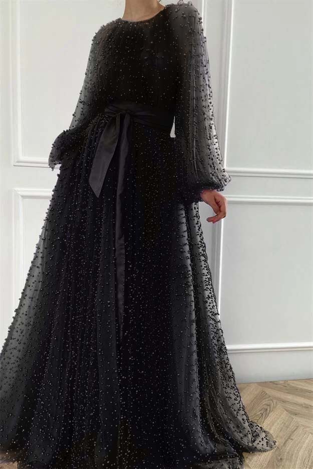 Purple A Line Prom Dress Long Sleeve Beaded Evening Dress