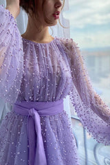 Purple A Line Prom Dress Long Sleeve Beaded Evening Dress