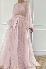 Purple A Line Prom Dress Long Sleeve Beaded Evening Dress