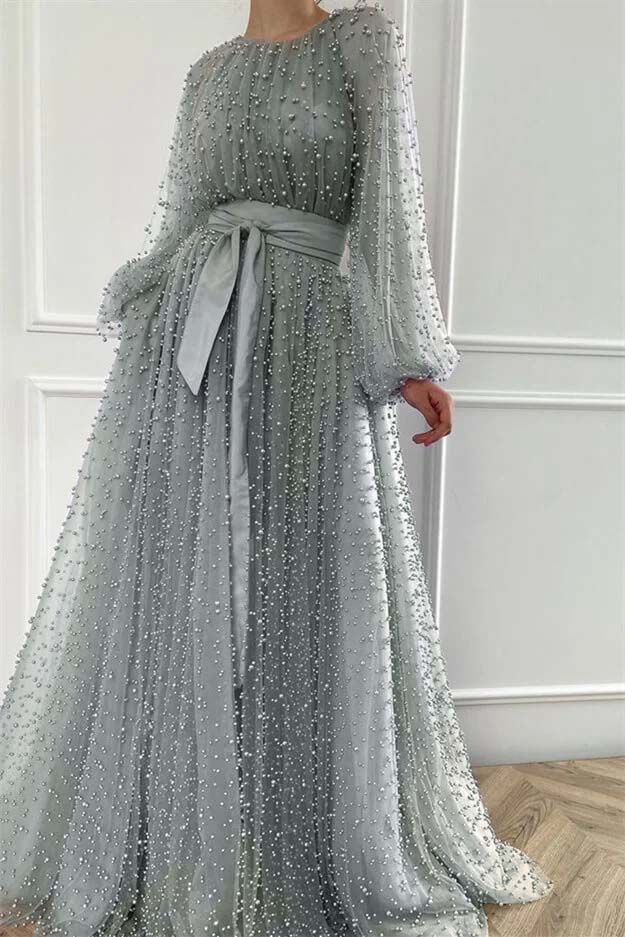 Purple A Line Prom Dress Long Sleeve Beaded Evening Dress