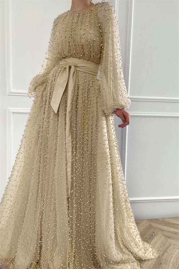 Purple A Line Prom Dress Long Sleeve Beaded Evening Dress