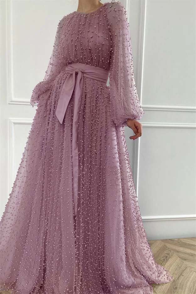 Purple A Line Prom Dress Long Sleeve Beaded Evening Dress