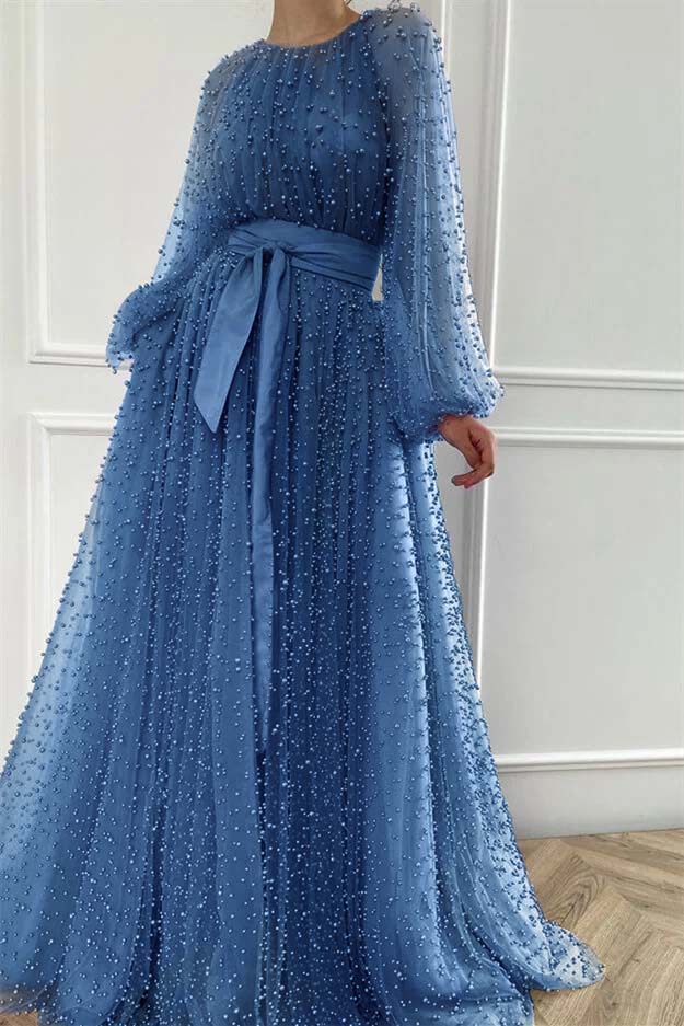 Purple A Line Prom Dress Long Sleeve Beaded Evening Dress