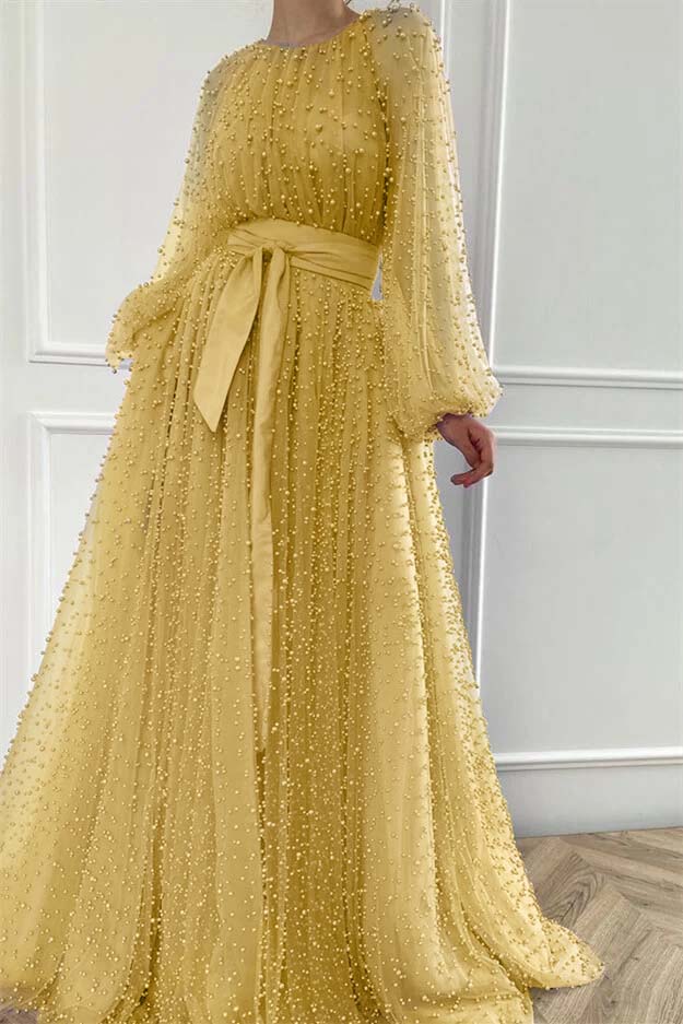 Purple A Line Prom Dress Long Sleeve Beaded Evening Dress