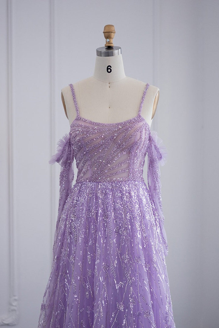 Purple A Line Prom Dress Long Sleeve Spaghetti Straps Sequined Evening Dress