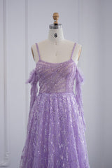 Purple A Line Prom Dress Long Sleeve Spaghetti Straps Sequined Evening Dress