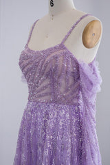 Purple A Line Prom Dress Long Sleeve Spaghetti Straps Sequined Evening Dress