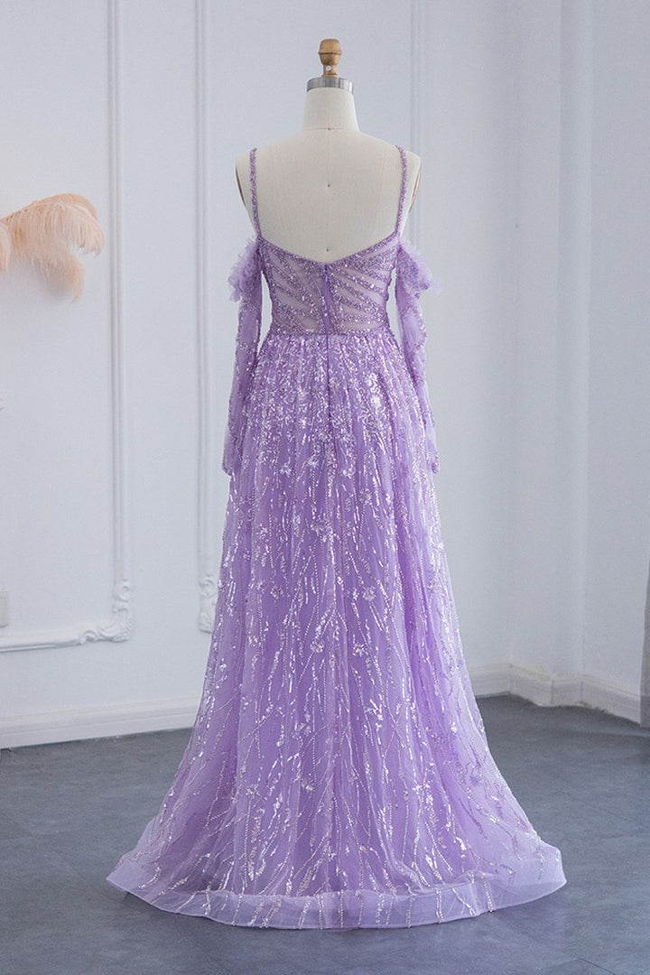 Purple A Line Prom Dress Long Sleeve Spaghetti Straps Sequined Evening Dress