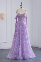 Purple A Line Prom Dress Long Sleeve Spaghetti Straps Sequined Evening Dress