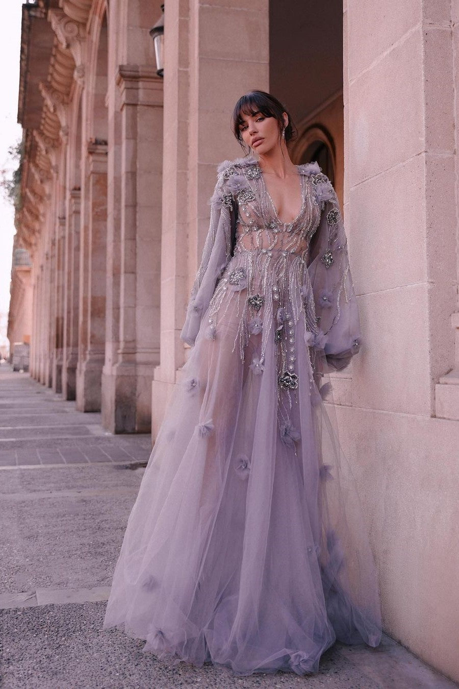 Purple A Line Prom Dress Long Sleeve V Neck Evening Dress With 3D Flowers