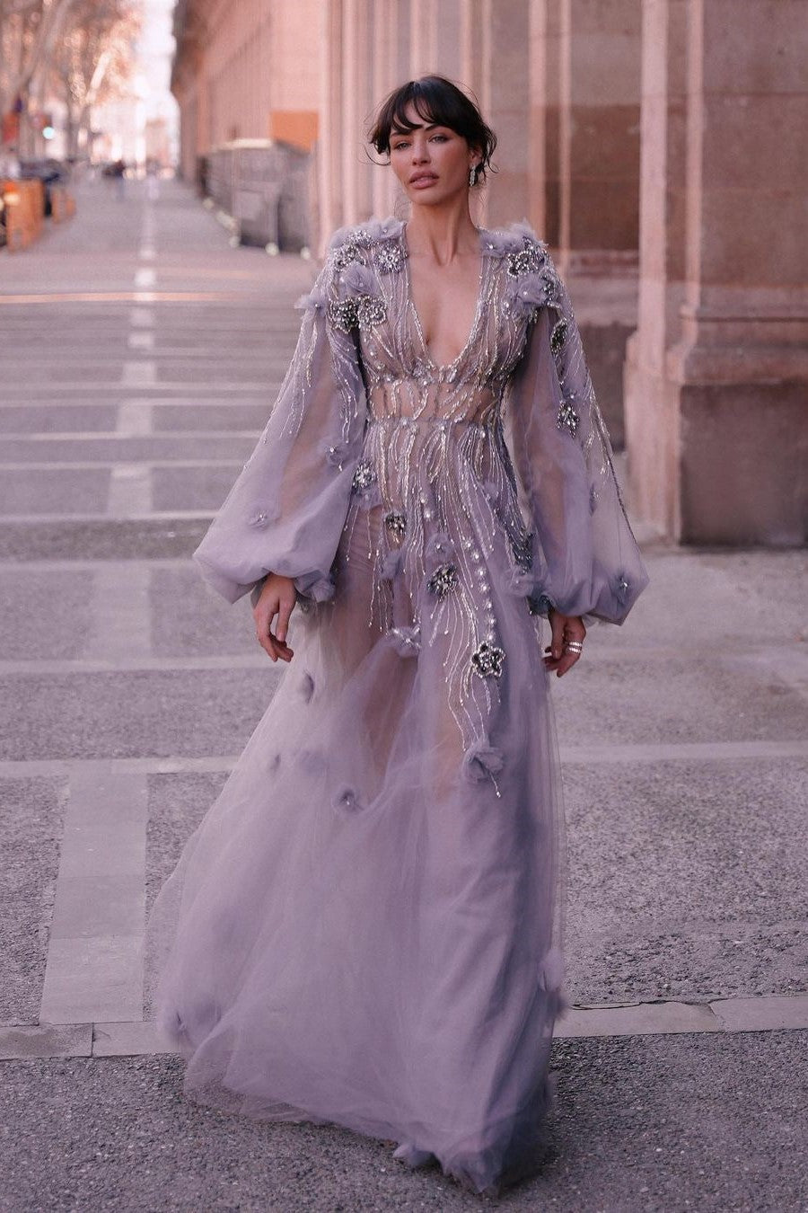 Purple A Line Prom Dress Long Sleeve V Neck Evening Dress With 3D Flowers