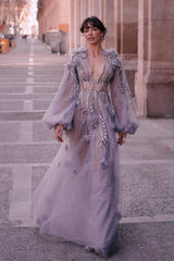 Purple A Line Prom Dress Long Sleeve V Neck Evening Dress With 3D Flowers