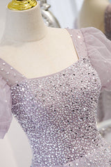 Purple A Line Prom Dress Short Sleeve Square Neck Beaded Evening Dress