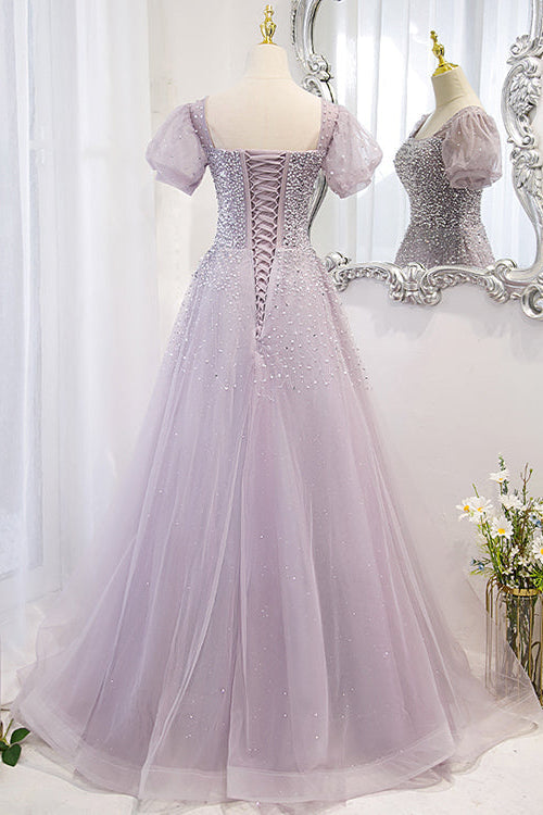 Purple A Line Prom Dress Short Sleeve Square Neck Beaded Evening Dress