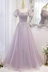 Purple A Line Prom Dress Short Sleeve Square Neck Beaded Evening Dress