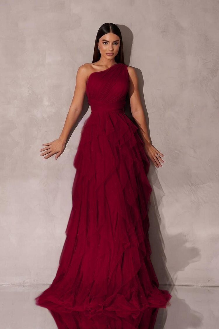 Purple A Line Prom Dress Sleeveless One Shoulder Evening Dress