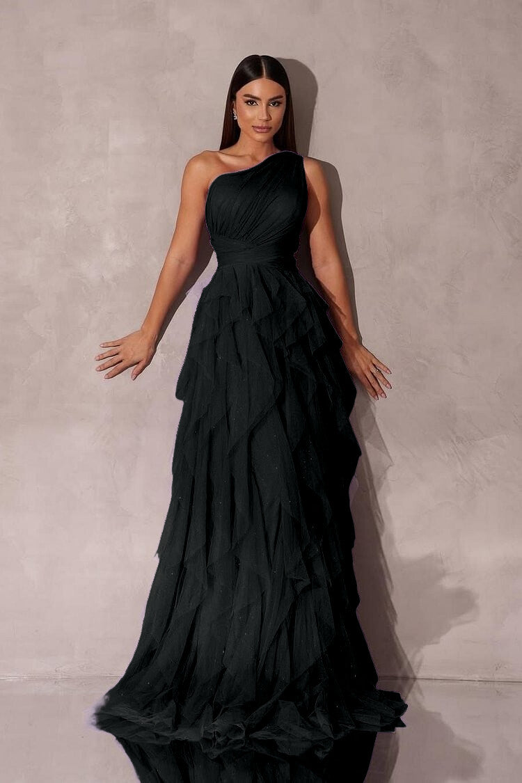 Purple A Line Prom Dress Sleeveless One Shoulder Evening Dress