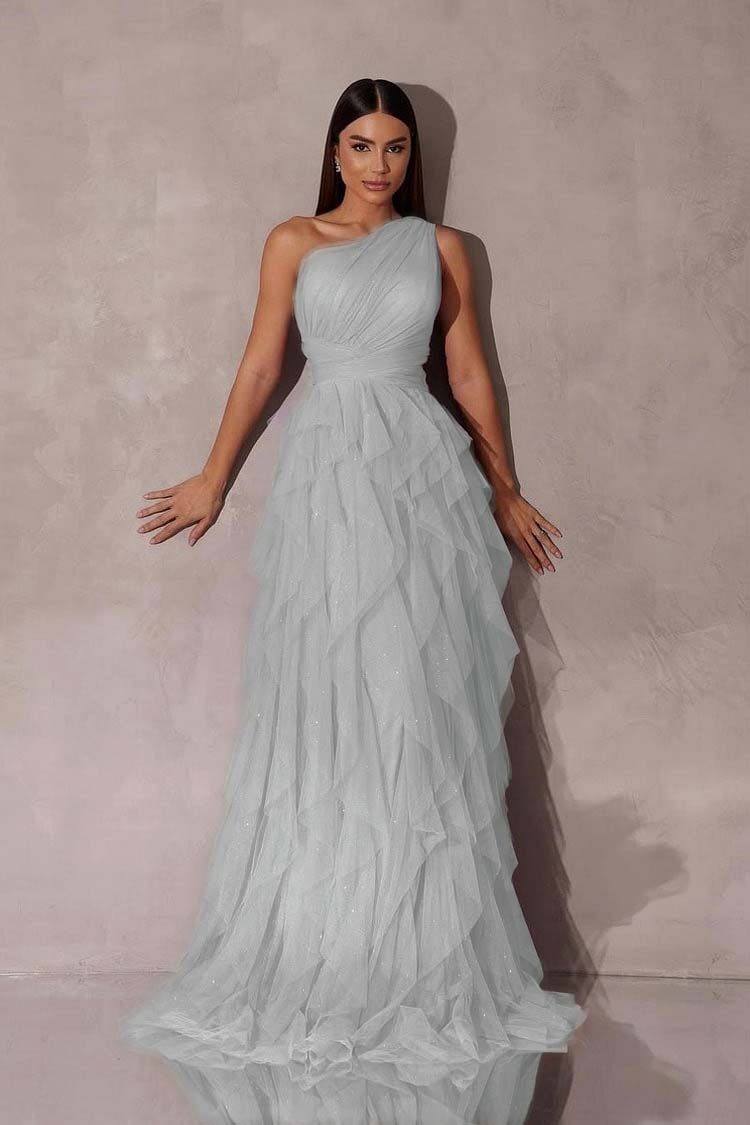 Purple A Line Prom Dress Sleeveless One Shoulder Evening Dress