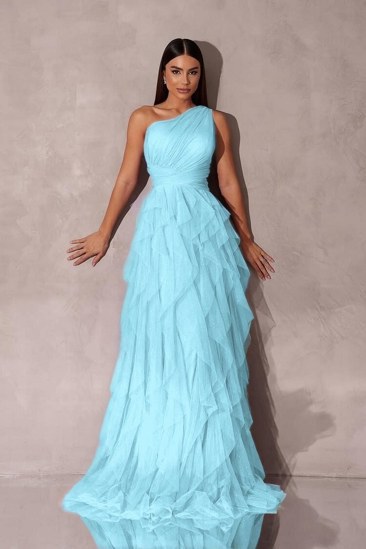 Purple A Line Prom Dress Sleeveless One Shoulder Evening Dress