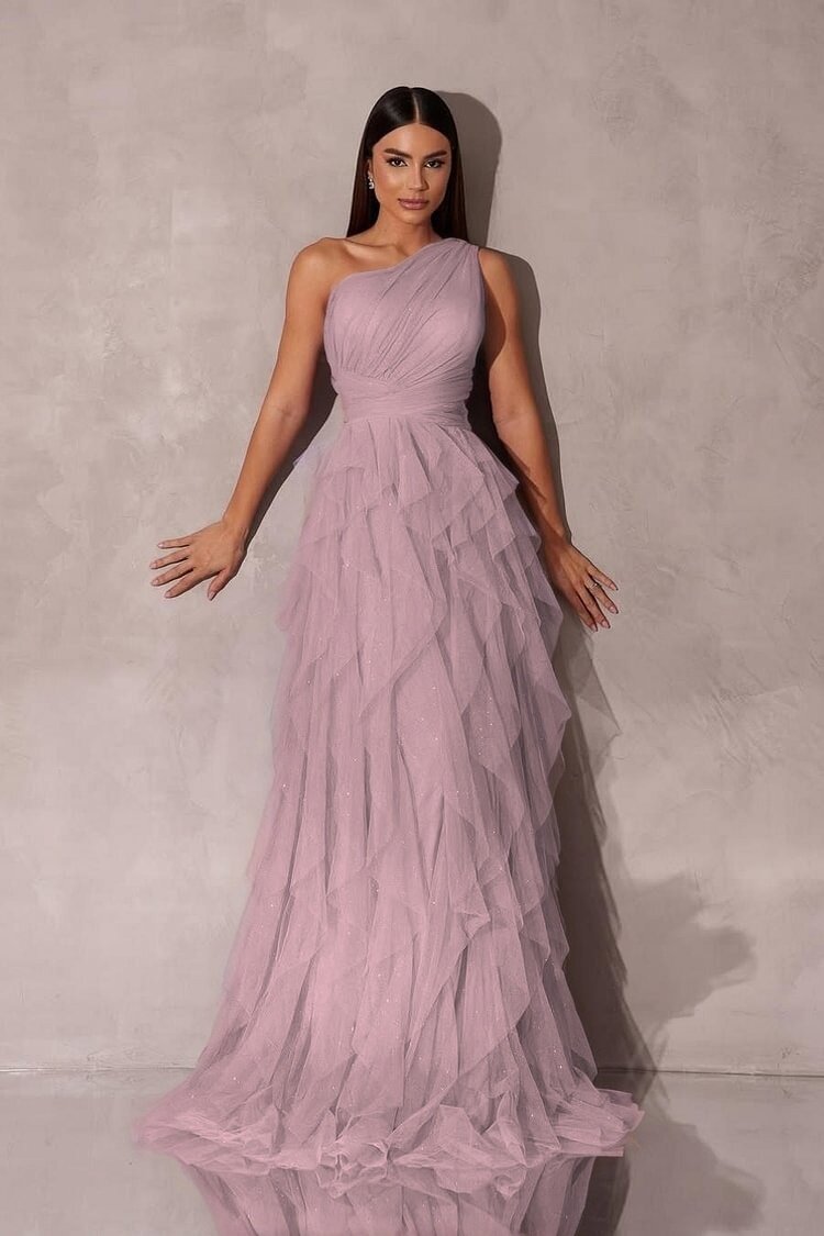 Purple A Line Prom Dress Sleeveless One Shoulder Evening Dress