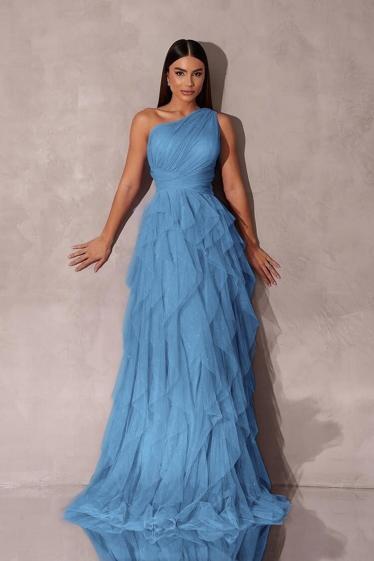 Purple A Line Prom Dress Sleeveless One Shoulder Evening Dress