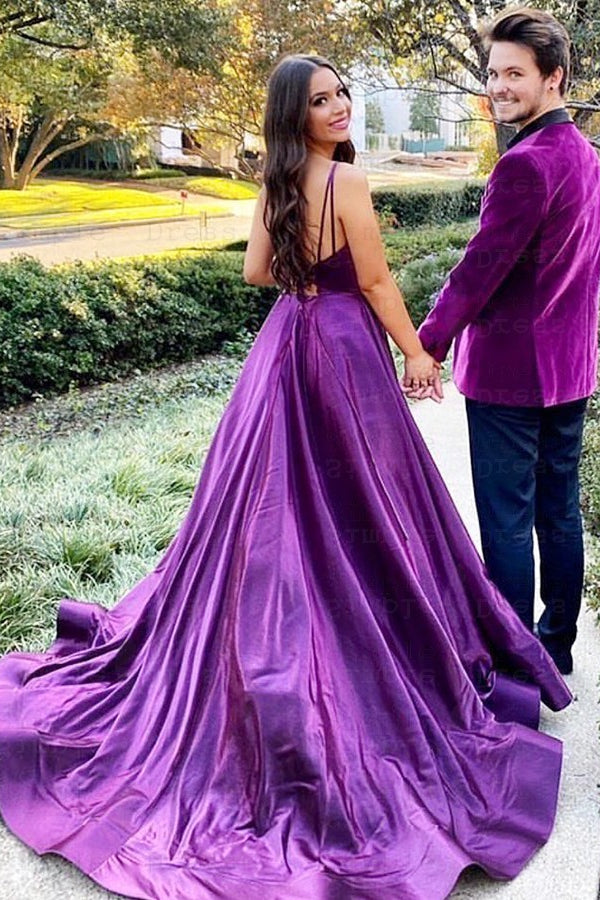 Purple A Line Prom Dress Sleeveless Spaghetti Straps Satin Evening Dress
